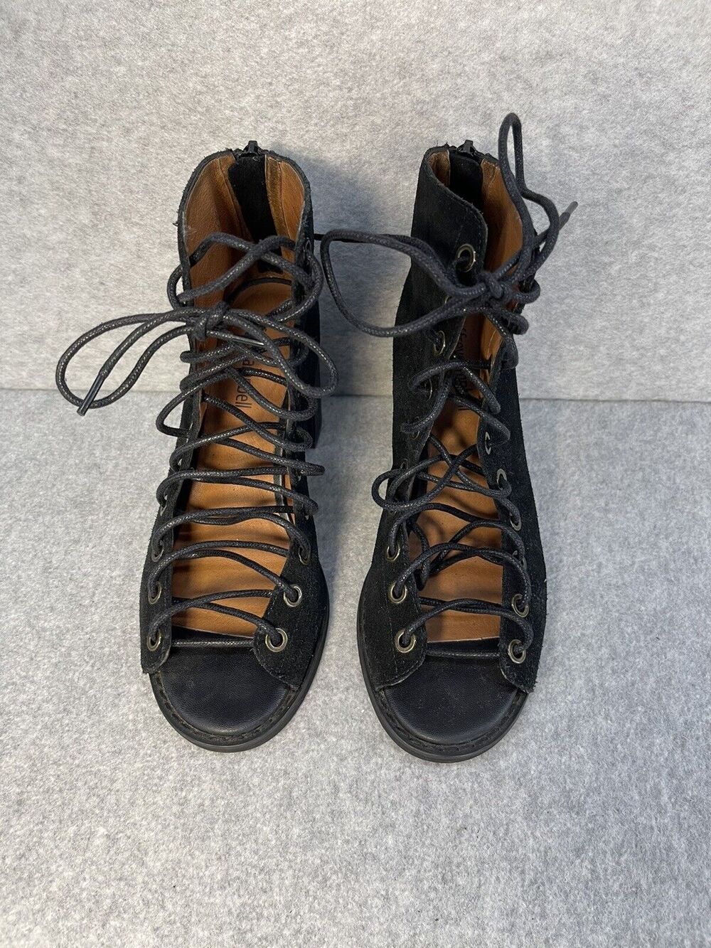Jeffrey Campbell Cors Lace Up Bootie Sandal Black Suede Corset Open Toe Sz 6 EUC